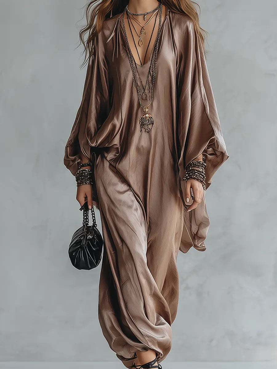 Champagne Satin Oversized Kaftan Jumpsuit With Batwing Sleeves