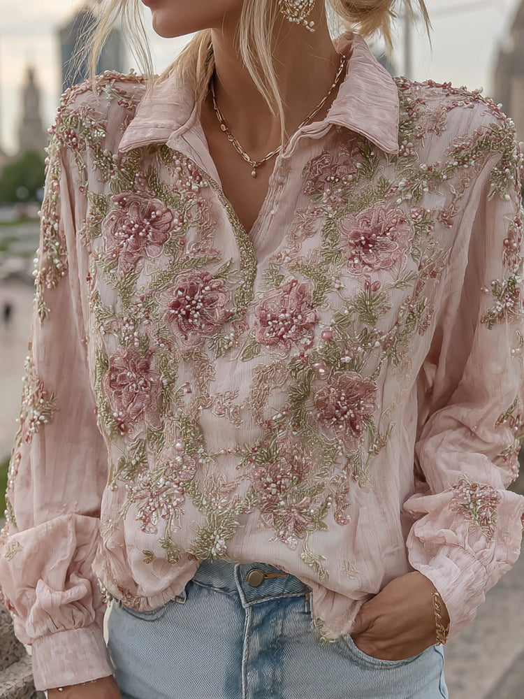 Women's Retro Pink Rose Pattern Casual Lapel Shirt