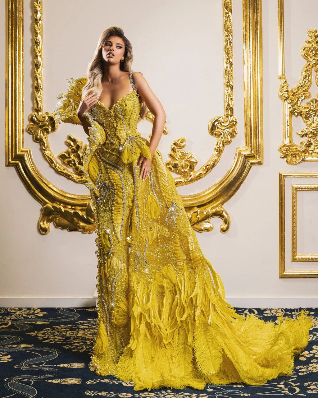 Risiola Yellow Dress with Beads and Feathers