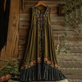 Vintage Tribal Lace Embroidered Floral Art Linen Maxi Dress