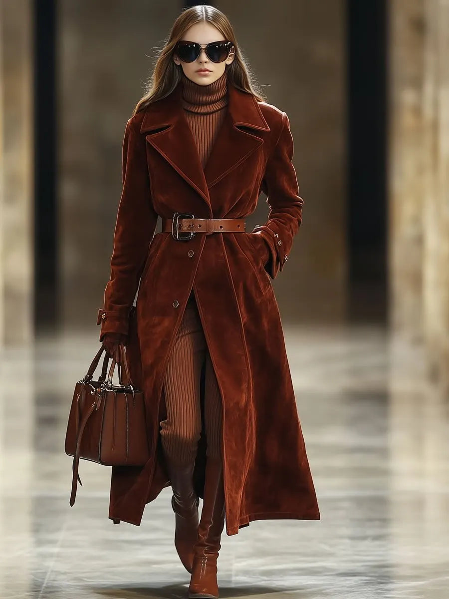 [24-hour shipping out]Casual Loose Vintage Angora Red Suede Pocket Lapel Extra Long Coat