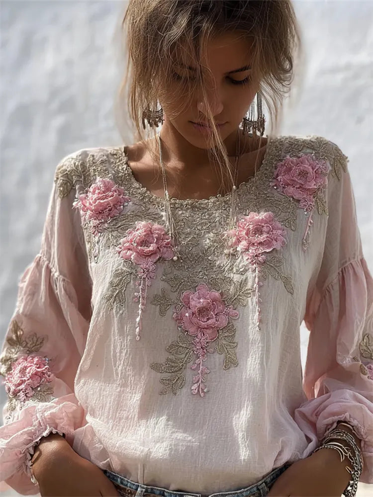 Vintage Pink Flowers Glitter Embroidered Flowy Linen Tunic