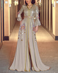 Women's V Neck Embroidered Slit Kaftan Dress