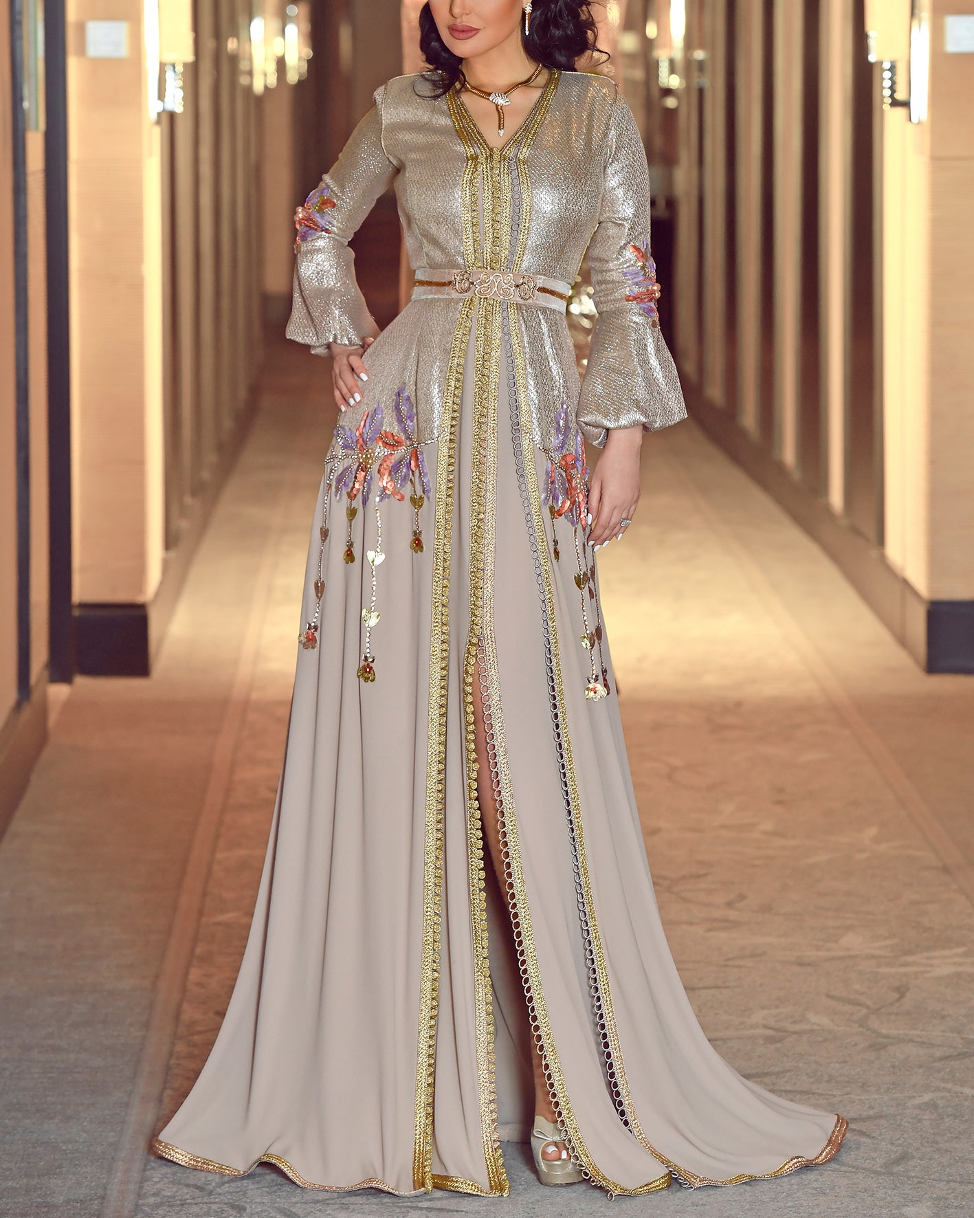 Women's V Neck Embroidered Slit Kaftan Dress