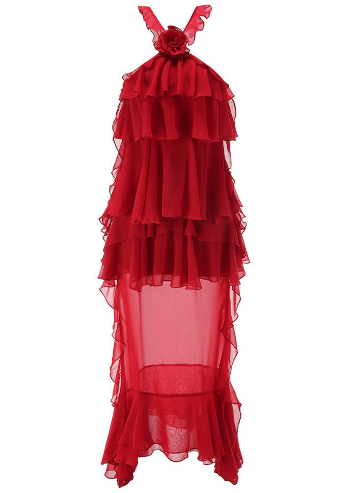 Halter Floral Ruffle Maxi Dress Red