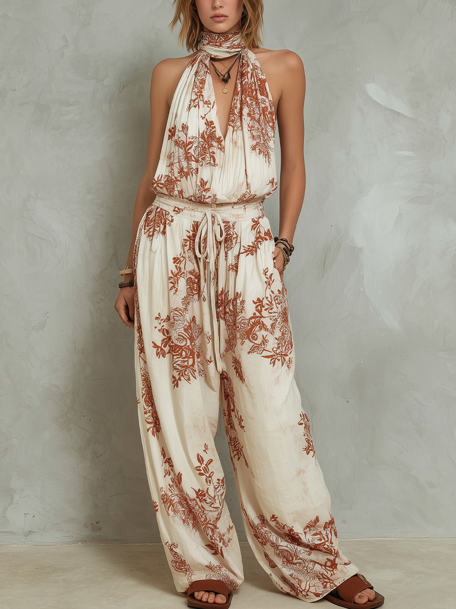 Lightweight Printed Wide-Leg Pant Suit