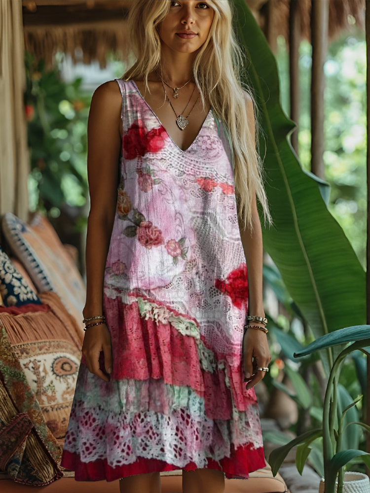 Lace Floral Vintage Art Women's Linen Vest Dress