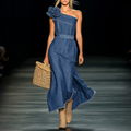 Elegant Strapless Denim 3D Floral Maxi Dress