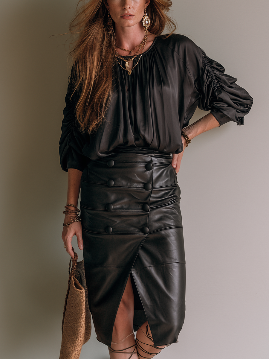 Soft Black PU Leather Slit Midi Skirt