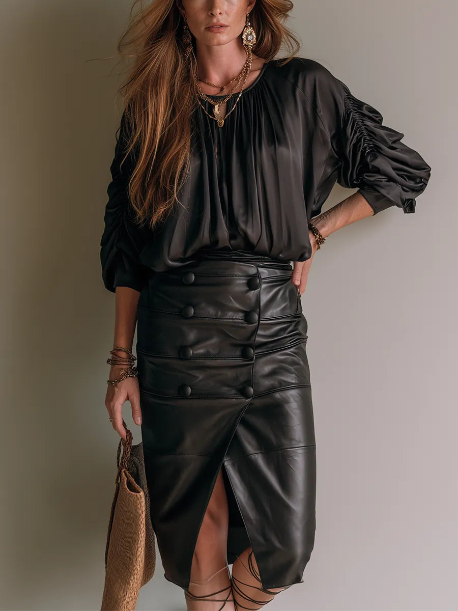 Bohemian Black Ruched Satin Shirt