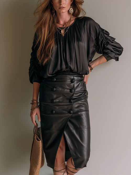 Bohemian Black Ruched Satin Shirt