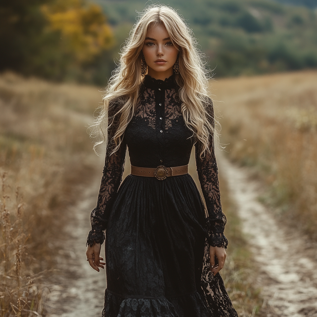 Retro Lace Women's Long-sleeved Dress Pastoral Style Lace Retro Long Dress