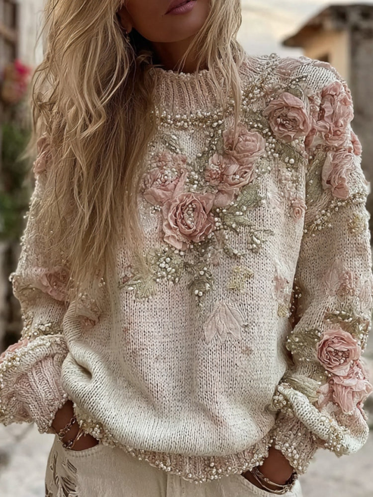 Women's Vintage Roses Art Knit Turtleneck Sweater