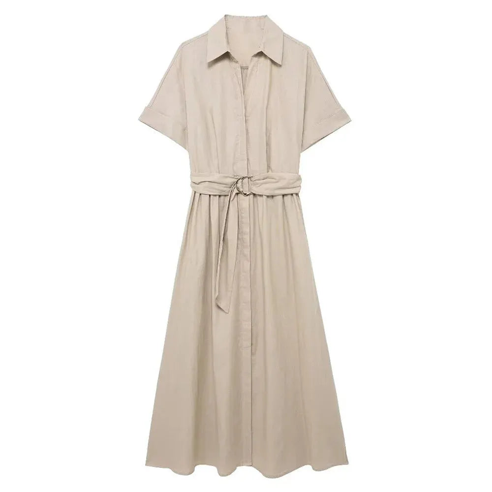Lunira Belted Shirt Midi Dress – Short Sleeve Summer Shirt Dress in Khaki Green and Soft Beige