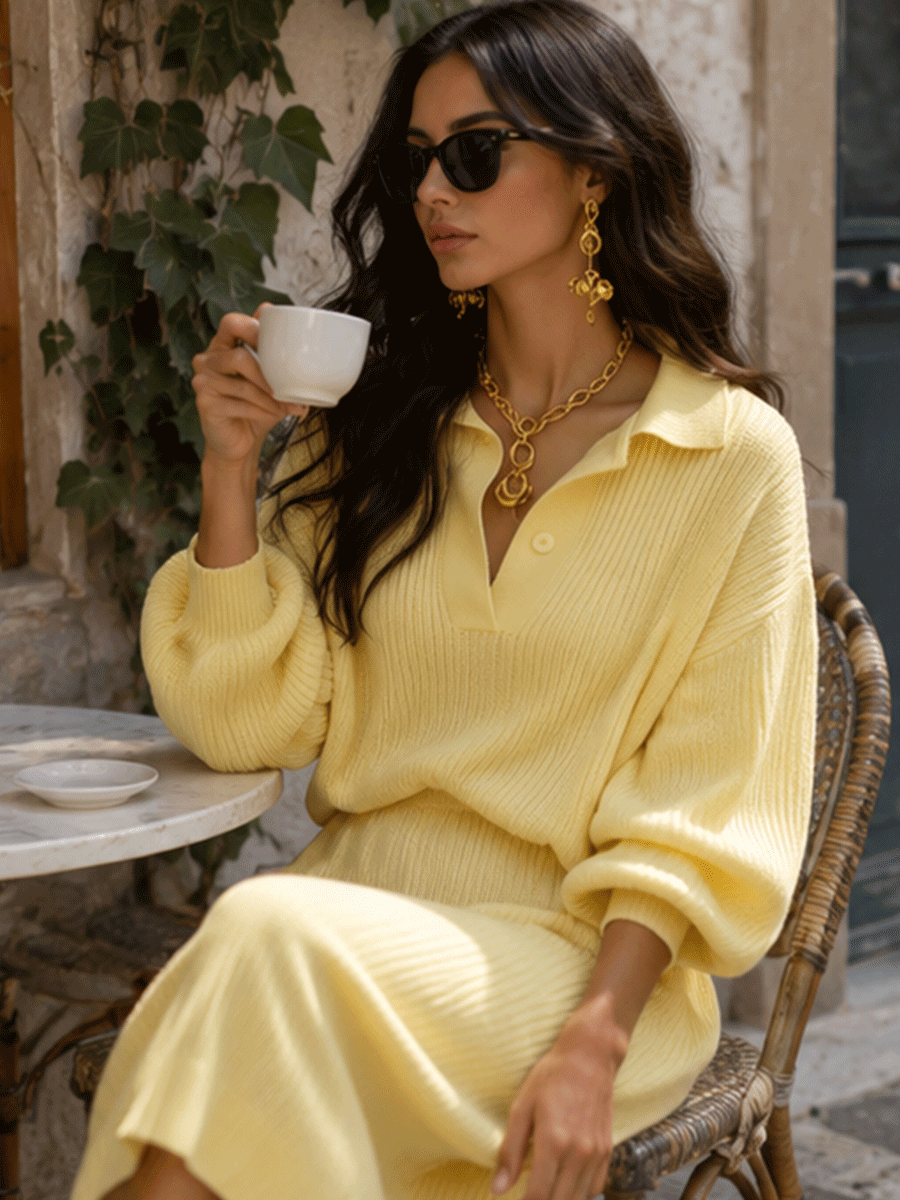 Women's Oversized Ribbed Knit Polo Collar Sweater Dress Long Sleeve Midi Dress
