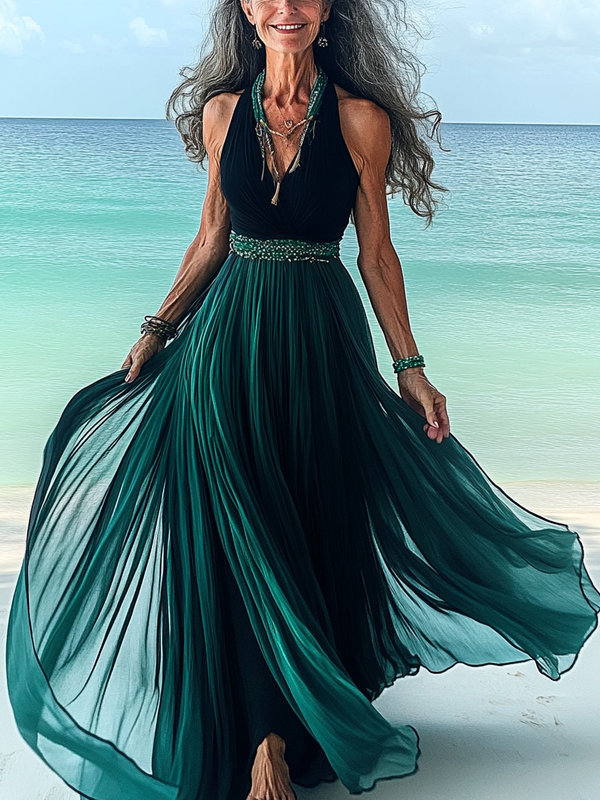 Summer vacation fashion elegant contrast color dress 15a6