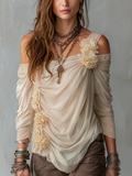 Bohemian Draped Off-Shoulder Floral Chiffon Blouse