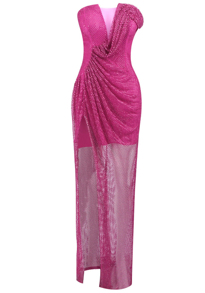 Strapless Sparkly Draped Maxi Dress Hot Pink