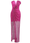 Strapless Sparkly Draped Maxi Dress Hot Pink