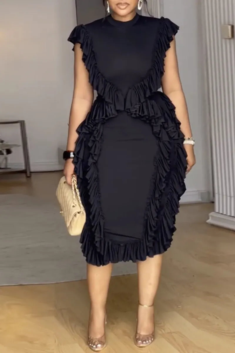 Black Ruffle-Trimmed Midi Dress