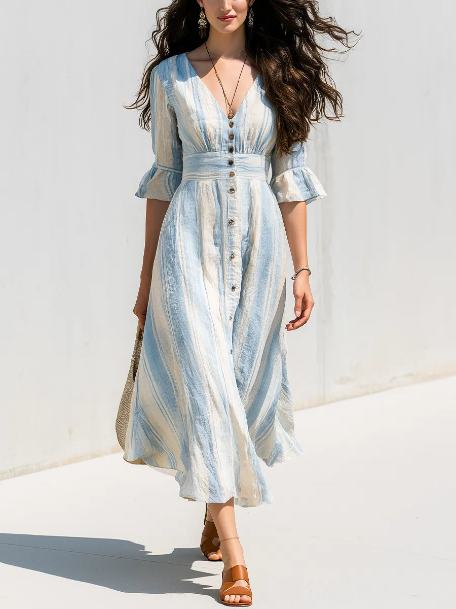 Relaxed Blue Striped Button-Front Midi Dress