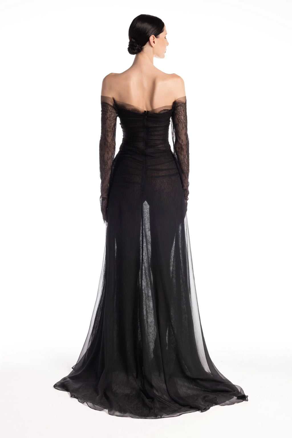 LOOK 1 Off-Shoulder Charcoal Black Chantilly Lace and Chiffon Dress