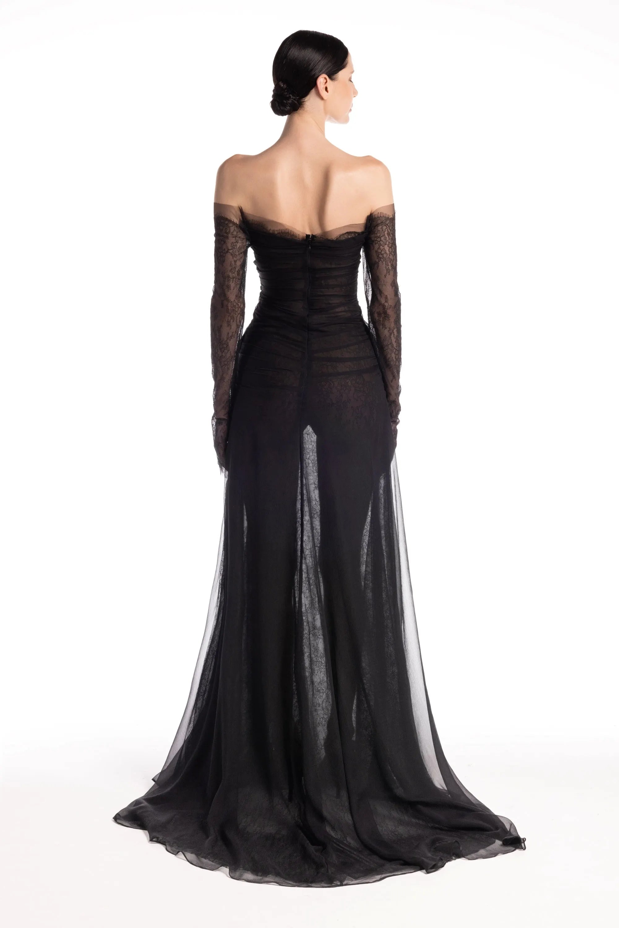 LOOK 1 Off-Shoulder Charcoal Black Chantilly Lace and Chiffon Dress