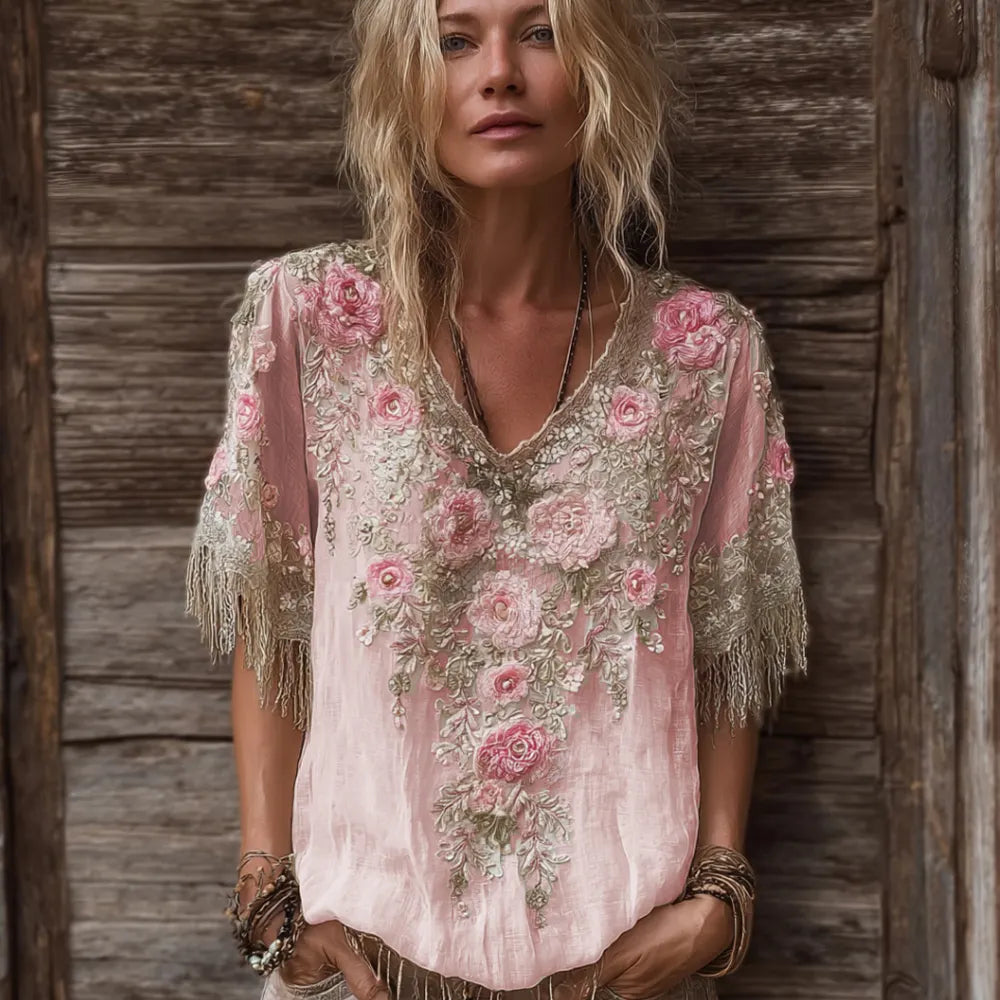 Women's Rose Flower V-neck Vintage Linen Short-sleeve Shirt