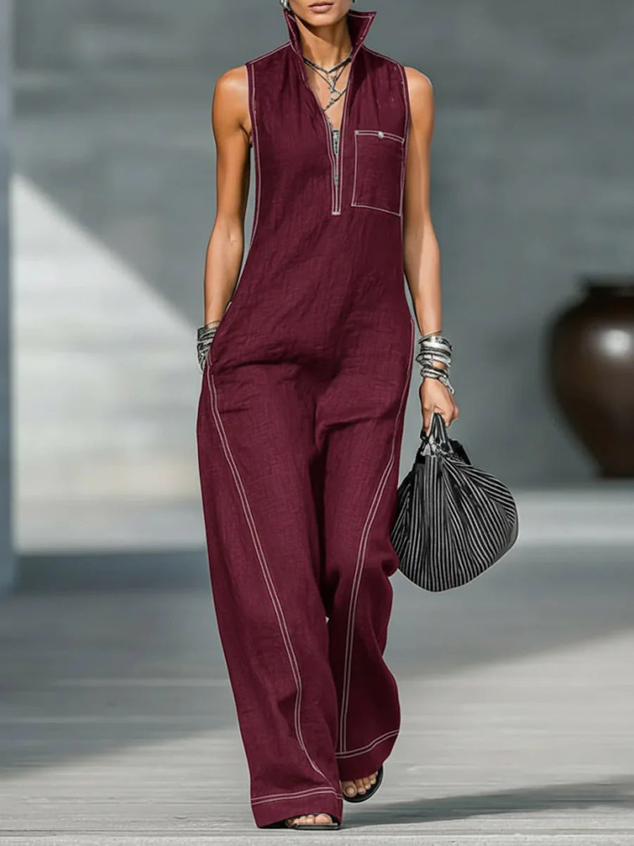 Modern Stand-Collar Denim Jumpsuit - Sleeveless Half-Zip Wide Leg One-Piece Romper