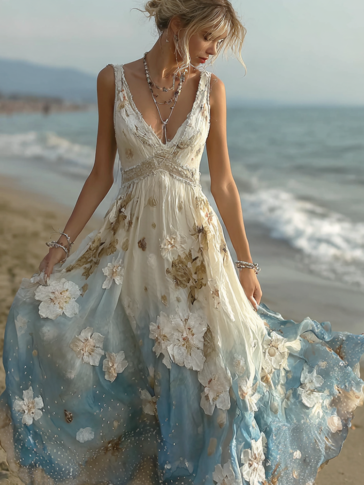 Bohemian Style Plant Flower Gradient Color Long Dress