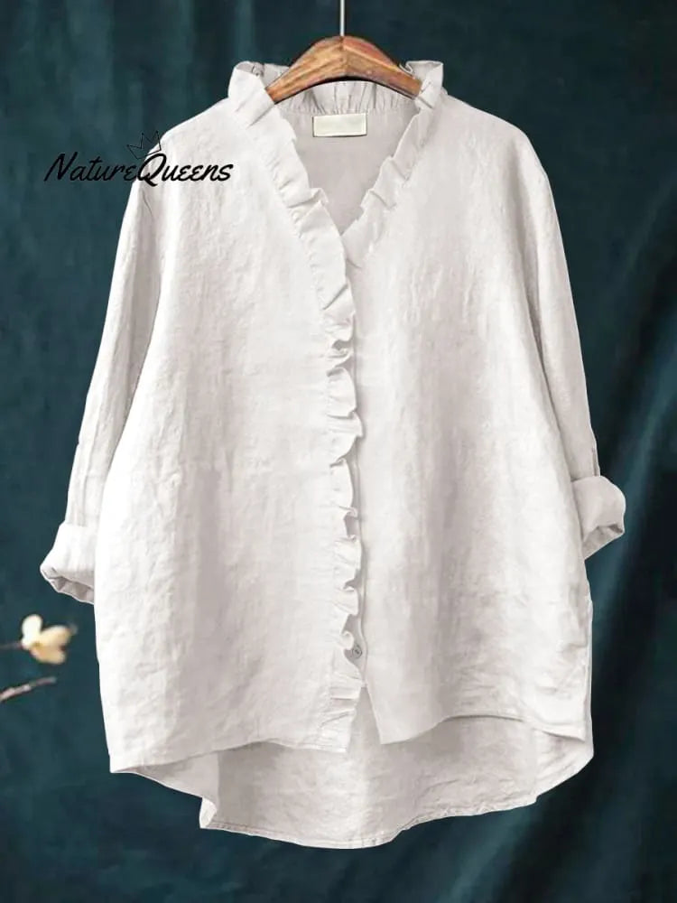 Women's Casual Cotton And Linen Ruffle Shirt