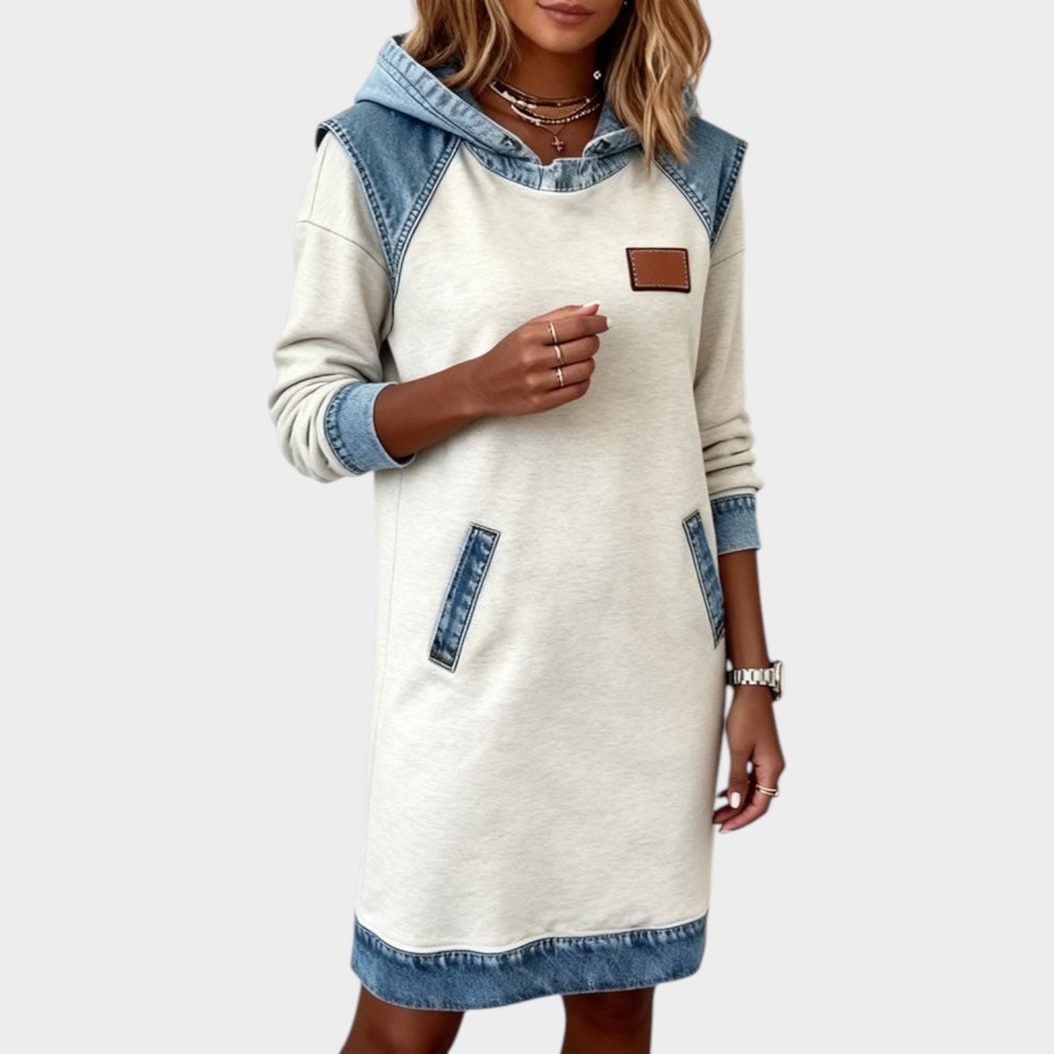 Casual Denim Trim Hoodie Dress