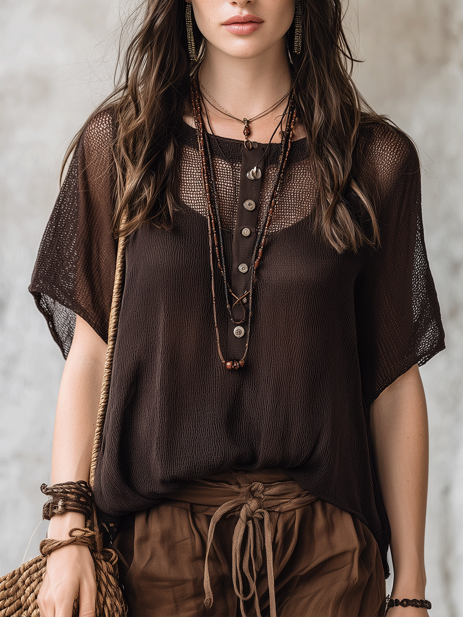 Effortless Coastal Elegance Mesh  Button-Front Boho Henley Top