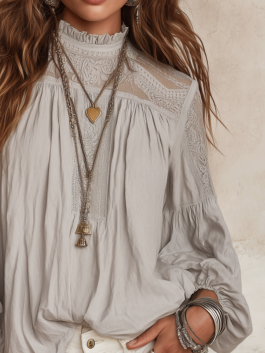 Boho Smocked High Neck Lace Trim Long Sleeve Blouse