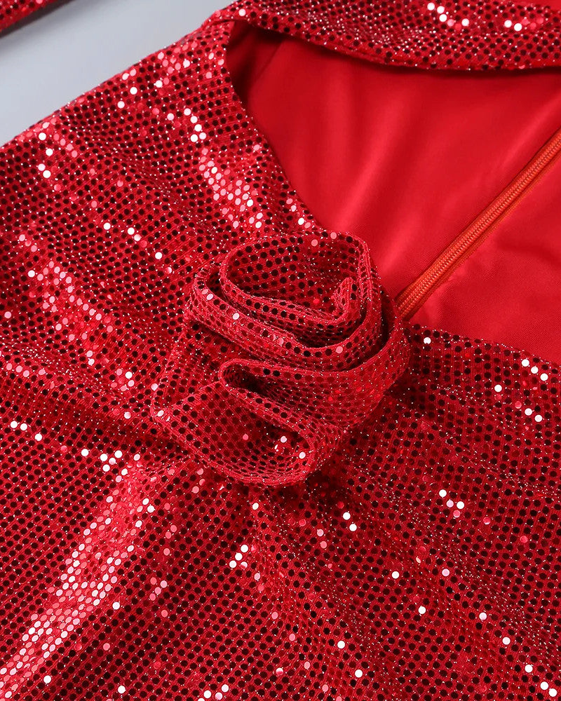 Long Sleeve Sequin Flower Maxi Dress Red
