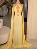 Pale Yellow High Neck Halter Cape Sleeve Rhinestone Cut Out Draped Mermaid Train Evening Maxi Dress For Wedding Guest Prom Gala Birthday Party Pageant