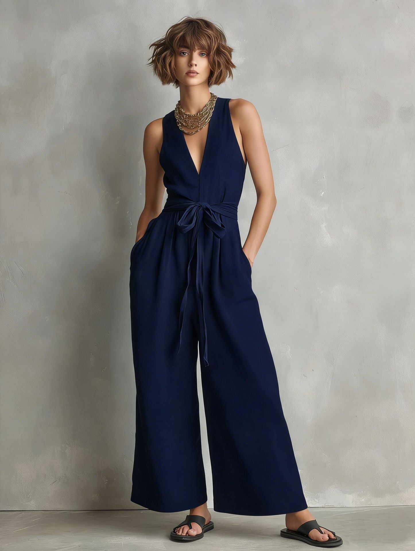 Gurtons Elegant Waist-Knot Jumpsuit - Sleeveless Wide-Leg One-Piece Quiet Luxury Set