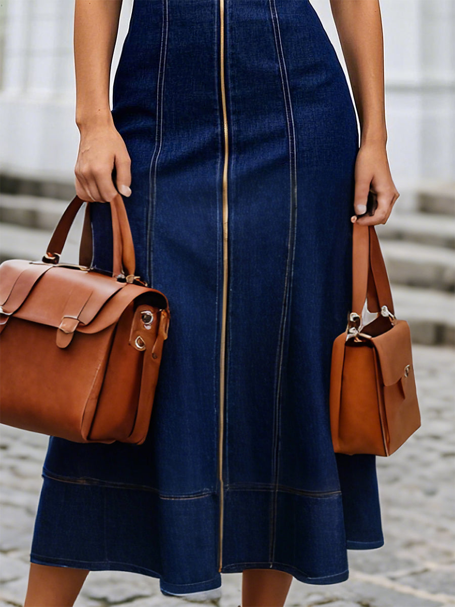 [24-hour shipping out]Casual Loose Fit Crew Neck Front Zipper Dark Blue Denim Maxi Dress