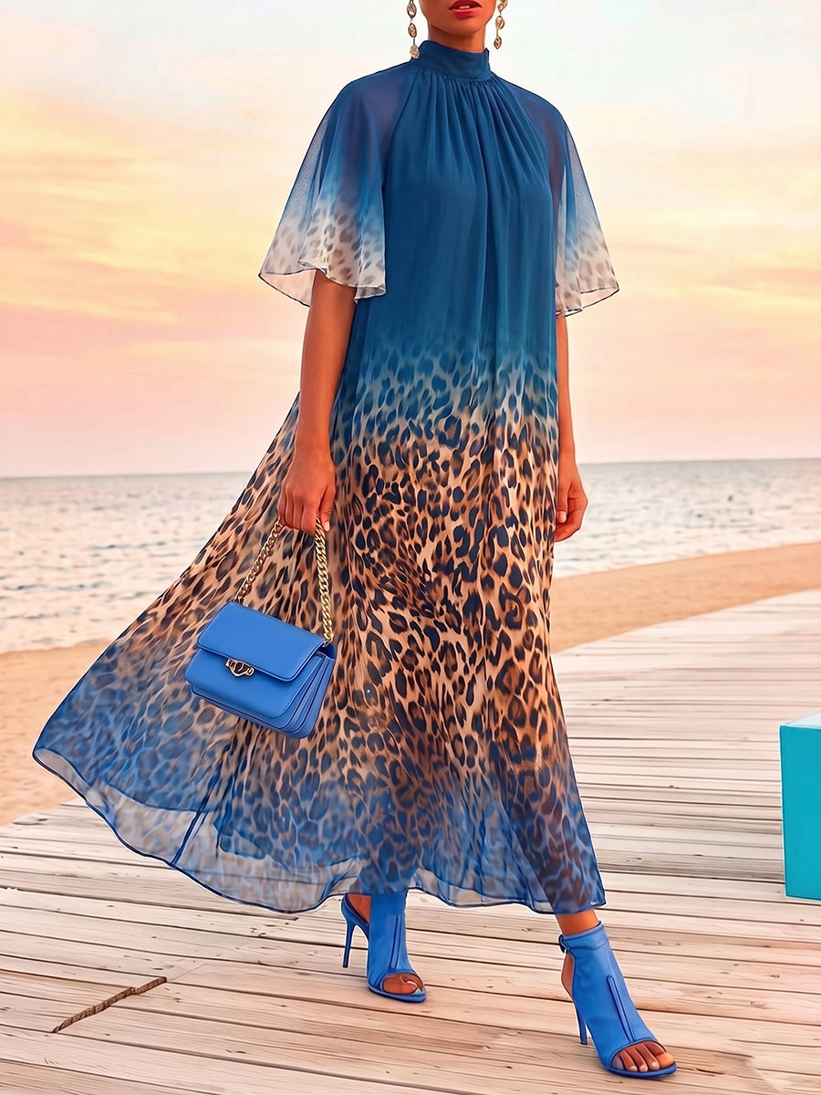 Sexy Blue Vacation Party Dress With Leopard Print