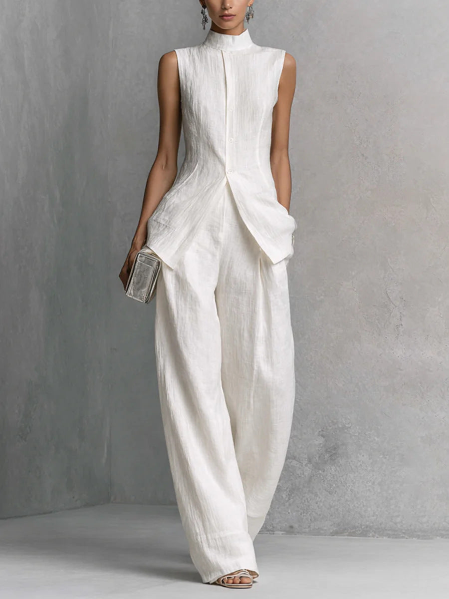 Women's Neo-Chinese Mock Neck Sleeveless Set - Elegant Wide-Leg Two-Piece Suit for Quiet Luxury Style