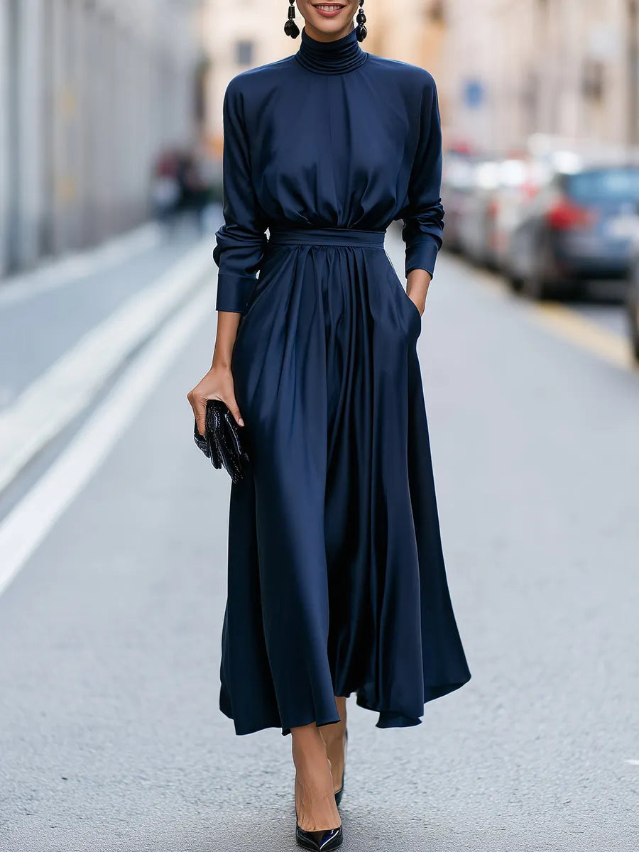 High Neck Gathered Waist A-Line Maxi Dress