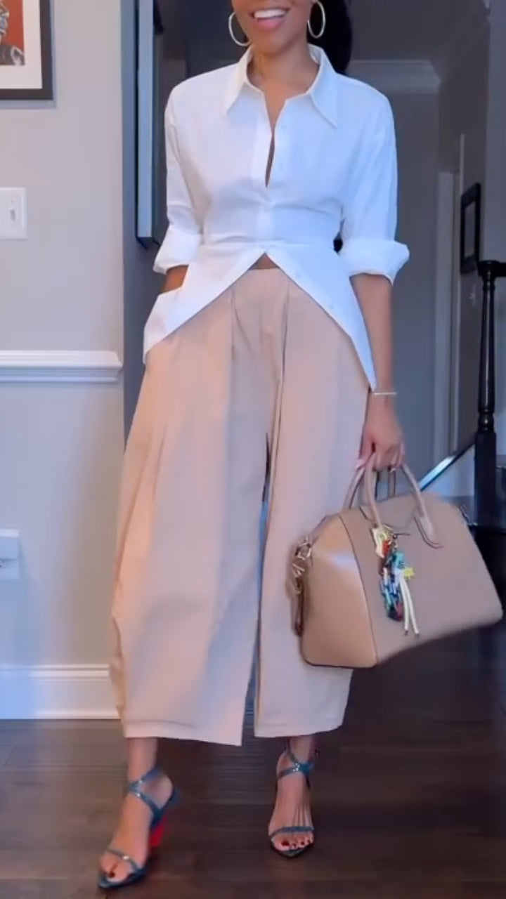 Women's Lapel, Waist-Cinching Shirt + High-Waisted Wide-Leg Pants SetPants Set