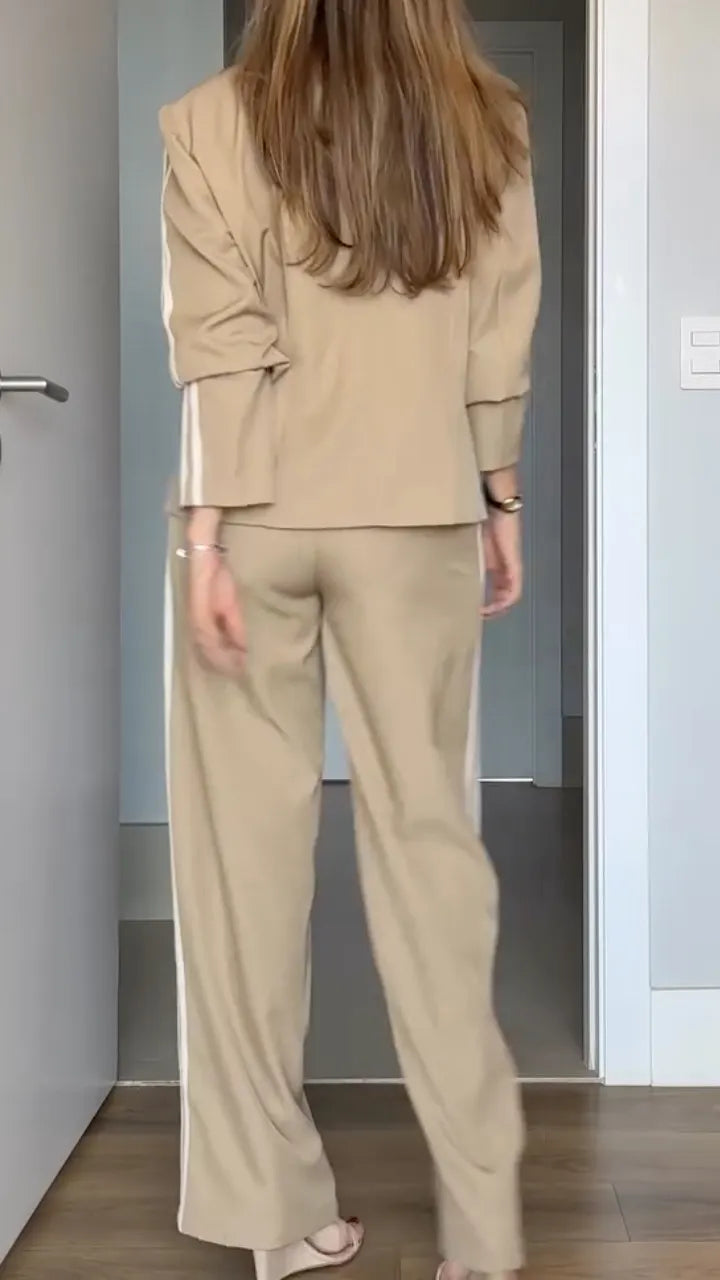 Khaki Striped Blazer Pants Set