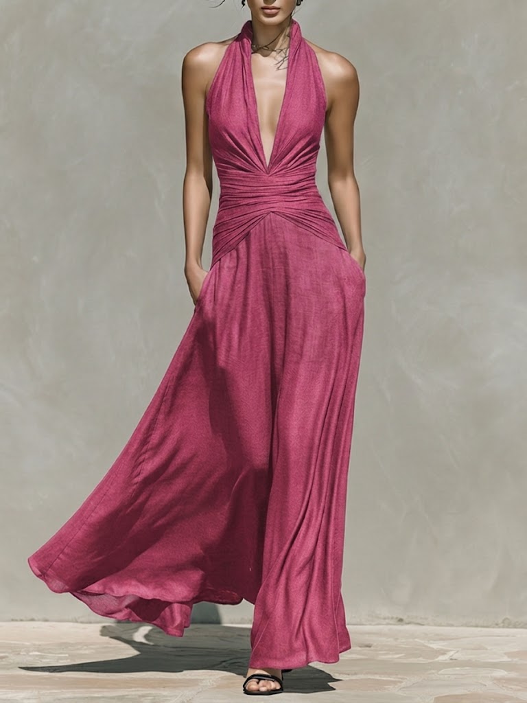 Stylish Halter-neck Sleeveless Linen And Cotton Maxi Dress