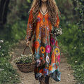 Women's Vintage Floral Patchwork V Neck Midi Dress