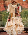 Vintage Floral Lace Patchwork Irregular Lotus Ruffle Dress 8341
