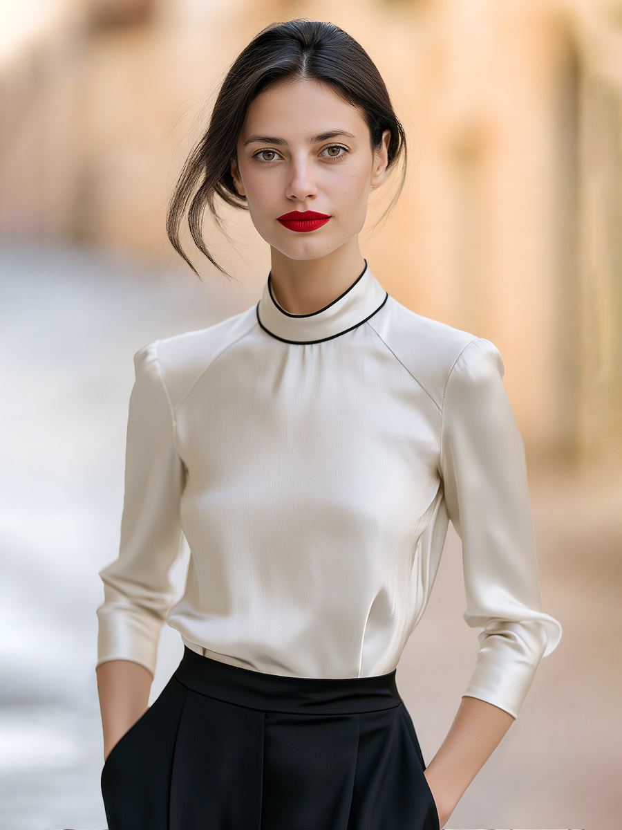 Contrast Piped Mock Neck Satin Blouse