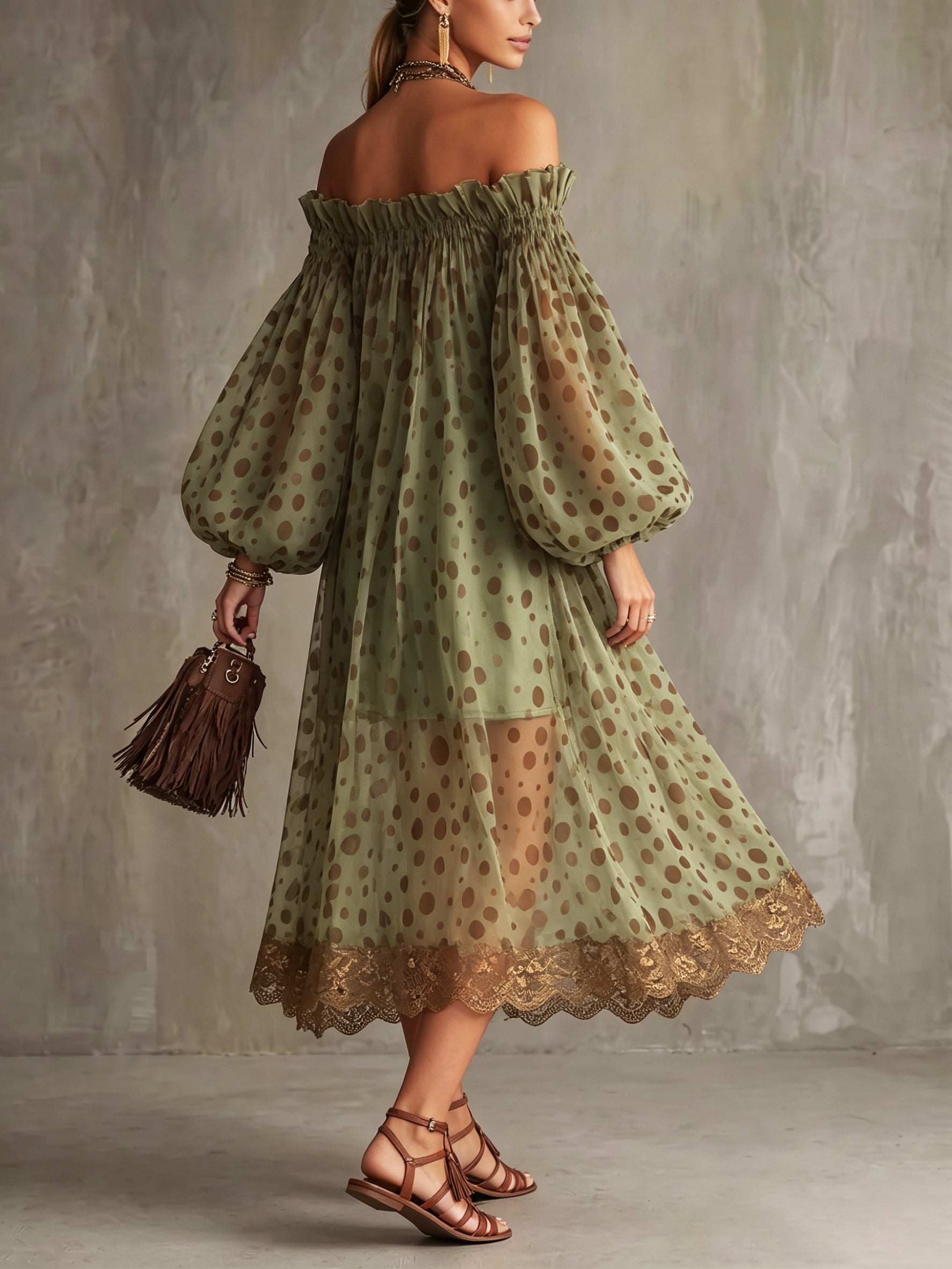 Retro Boho Off-shoulder Polka Dot Print Dress