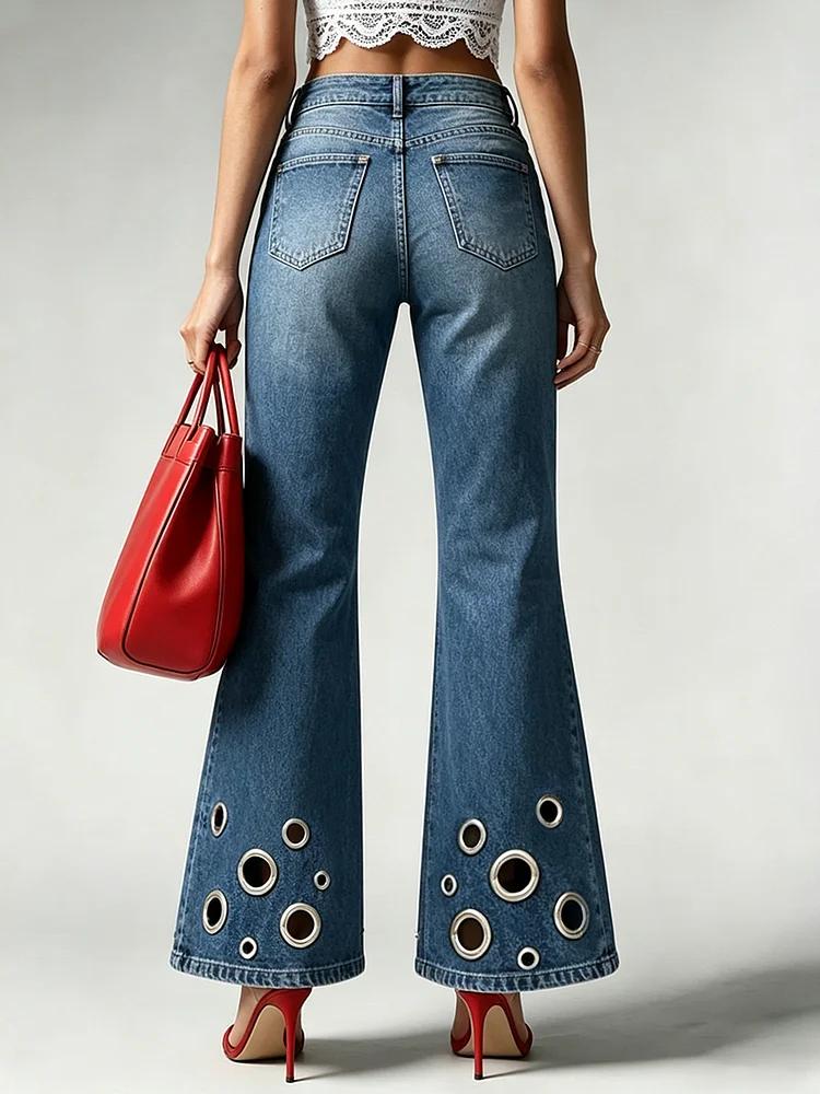 High-waisted Flared Jeans With Metal Ring Detail