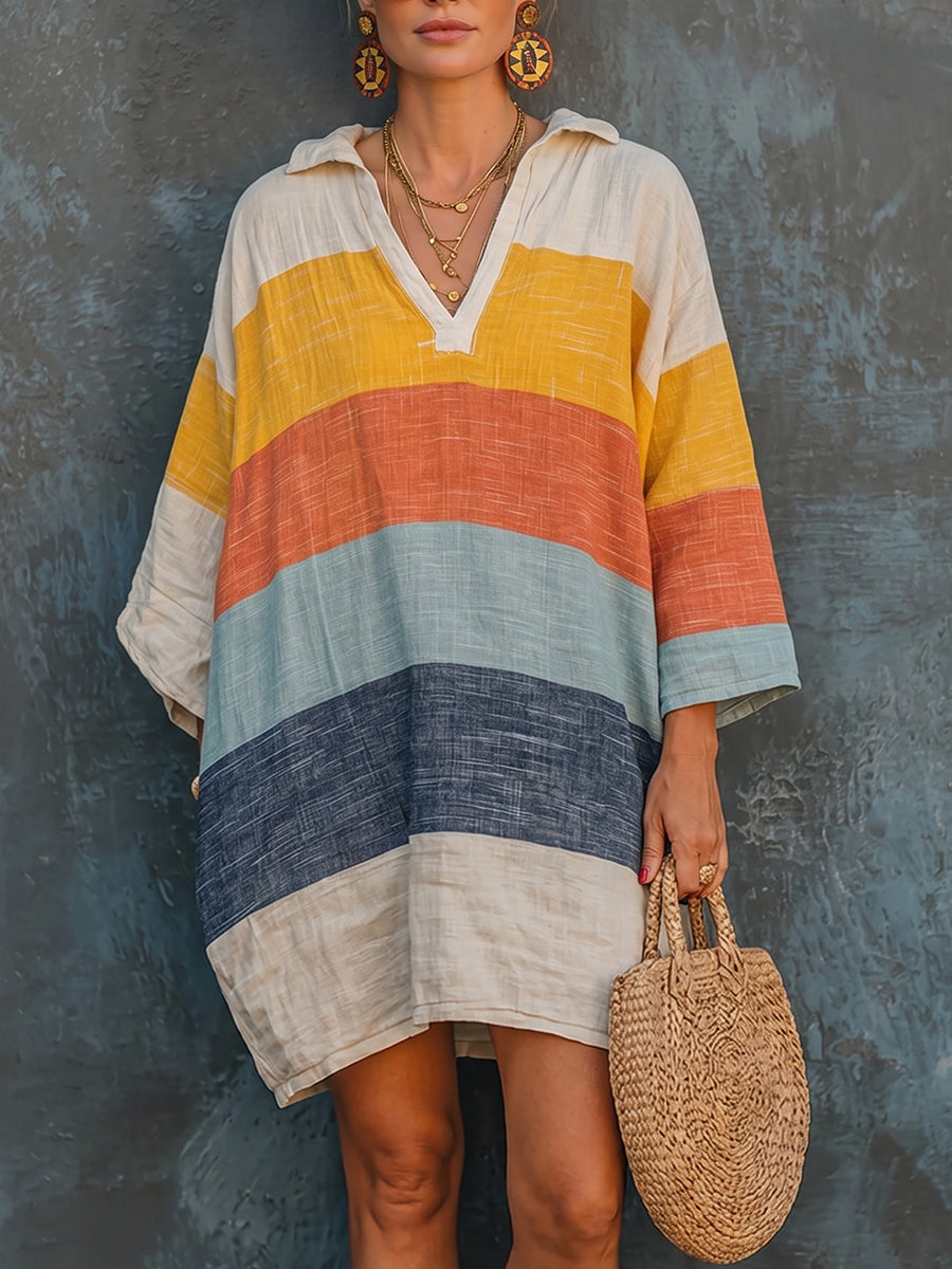 Cozy Colorful Striped Polo Collar Cotton-linen Mini Dress
